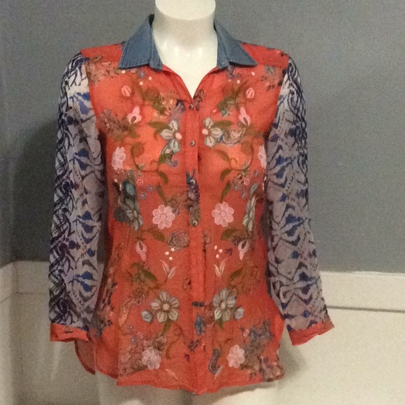 Vincente  Womens Embroidered Floral Sheer Sleeve Poly Blouse Sz S - Picture 1 of 7